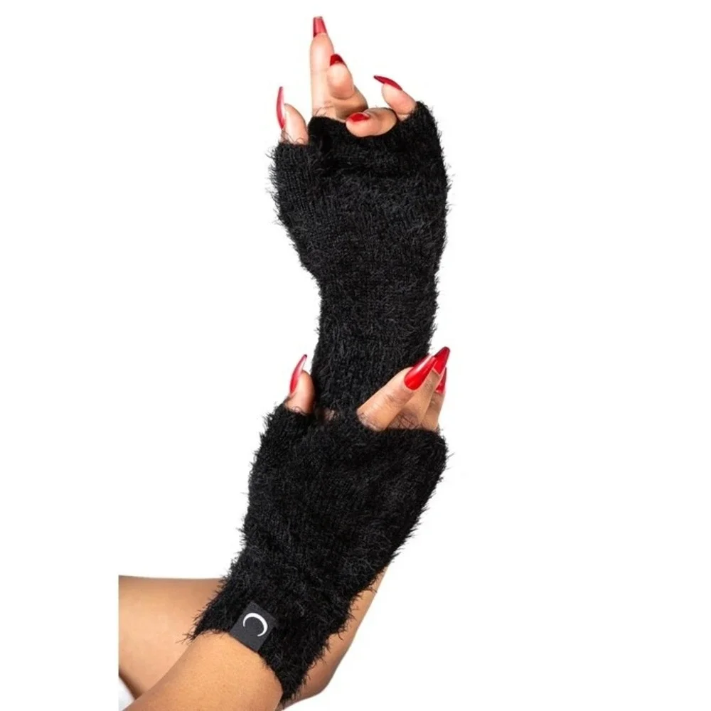 Killstar shadow fuzzy black fingerless gloves celestial embelishment